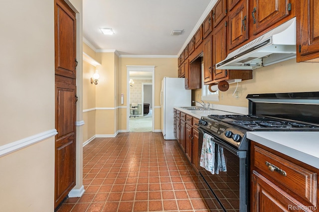1111 W Park St, Lapeer, MI 48446 - kitchen featuring black gas range, under cabinet range hood, freestanding refrigerator, a sink, and light countertops