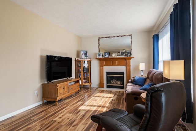 1754 Hightree Dr SW, Byron Center, MI 49315 - living area with a tiled fireplace, wood finished floors, baseboards, and a textured ceiling