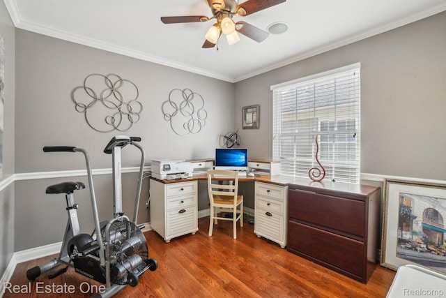 29044 Thistle Ln, Harrison Township, MI 48045 - office area featuring a ceiling fan, dark wood-type flooring, and crown molding