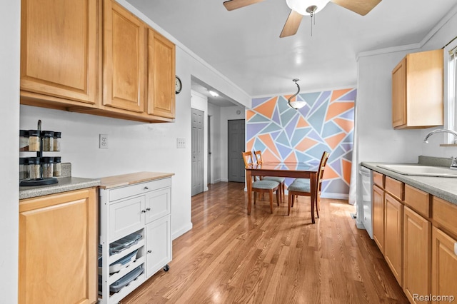 33989 Richard St, Canton, MI 48184 - kitchen featuring ceiling fan, light wood finished floors, light countertops, and dishwasher