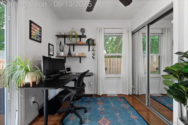 3341 Creek Dr, Ann Arbor, MI 48108 - home office with a ceiling fan, wood finished floors, and ornamental molding