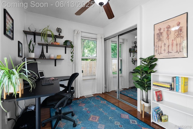 3341 Creek Dr, Ann Arbor, MI 48108 - office space with a ceiling fan, wood finished floors, and ornamental molding