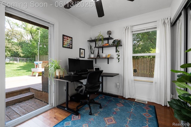 3341 Creek Dr, Ann Arbor, MI 48108 - office with healthy amount of natural light, crown molding, a ceiling fan, and wood finished floors