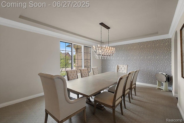 3610 Piccadilly Dr, Rochester Hills, MI 48309 - dining room featuring a tray ceiling, a chandelier, ornamental molding, and carpet