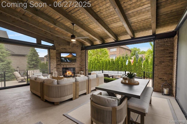 3610 Piccadilly Dr, Rochester Hills, MI 48309 - view of patio / terrace with an outdoor living space with a fireplace, a ceiling fan, and outdoor dining area