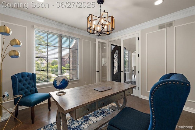 3610 Piccadilly Dr, Rochester Hills, MI 48309 - home office with a chandelier, plenty of natural light, ornamental molding, dark wood-type flooring, and recessed lighting