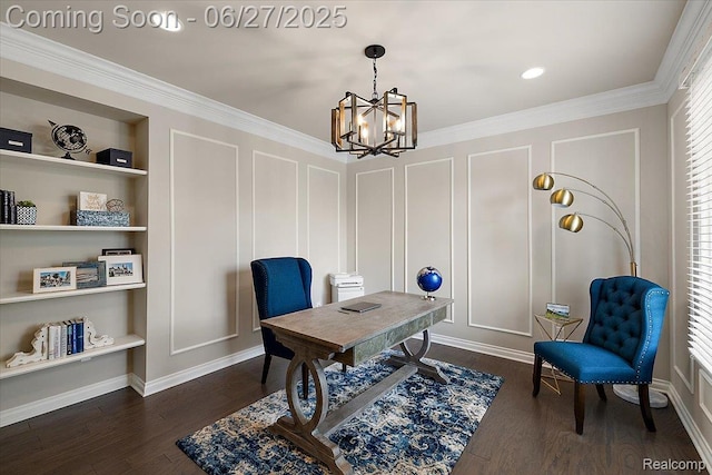 3610 Piccadilly Dr, Rochester Hills, MI 48309 - office area with a decorative wall, a chandelier, dark wood-type flooring, ornamental molding, and built in shelves