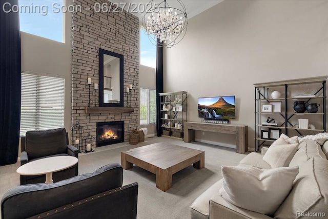 3610 Piccadilly Dr, Rochester Hills, MI 48309 - living room with a towering ceiling, a chandelier, carpet, and a fireplace