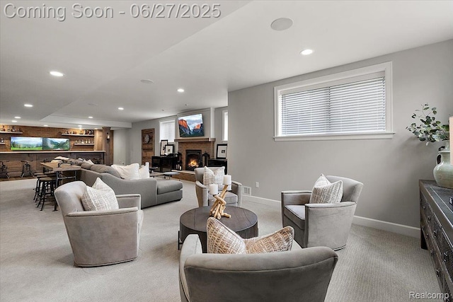 3610 Piccadilly Dr, Rochester Hills, MI 48309 - living area featuring carpet floors, recessed lighting, bar area, and a fireplace
