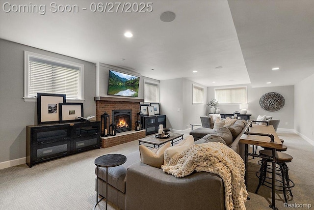 3610 Piccadilly Dr, Rochester Hills, MI 48309 - living area with carpet floors, recessed lighting, and a brick fireplace