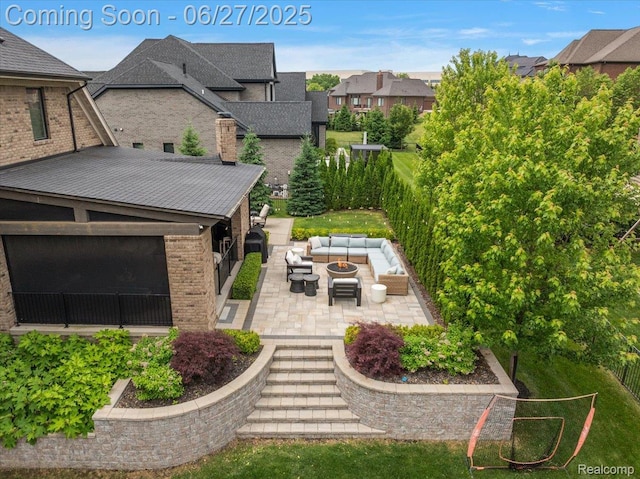 3610 Piccadilly Dr, Rochester Hills, MI 48309 - view of yard featuring an outdoor living space with a fire pit, a patio area, and a residential view