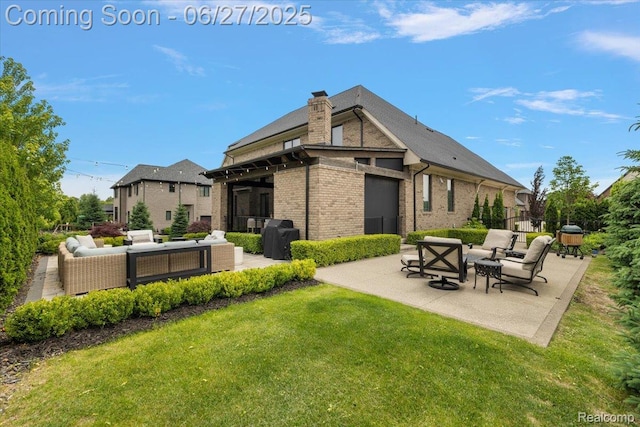 3610 Piccadilly Dr, Rochester Hills, MI 48309 - back of property featuring outdoor lounge area, a patio area, brick siding, and a lawn