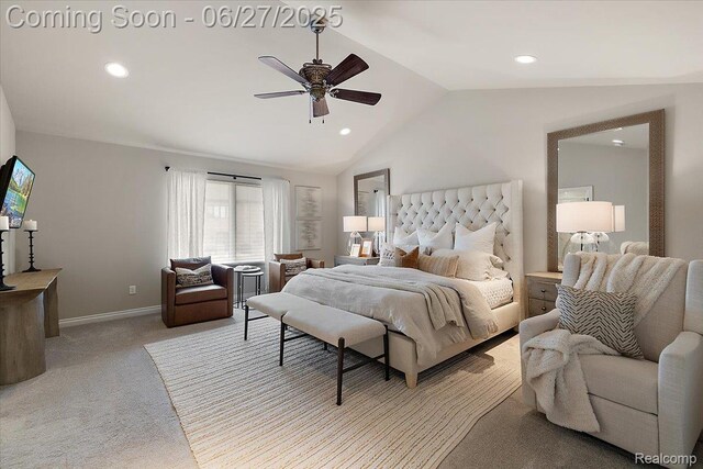 3610 Piccadilly Dr, Rochester Hills, MI 48309 - bedroom with vaulted ceiling, recessed lighting, light colored carpet, and a ceiling fan