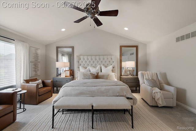3610 Piccadilly Dr, Rochester Hills, MI 48309 - bedroom featuring multiple windows, vaulted ceiling, light colored carpet, a ceiling fan, and recessed lighting