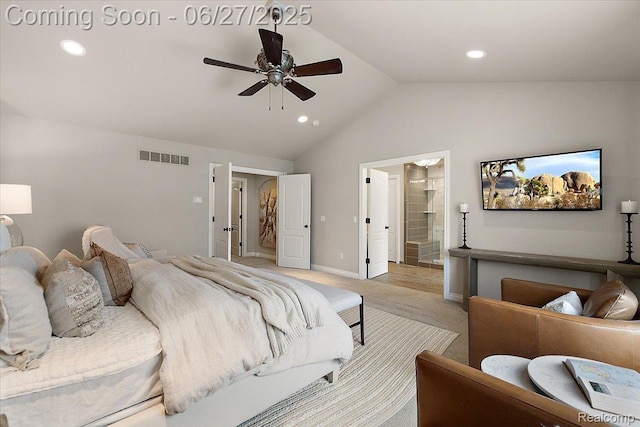 3610 Piccadilly Dr, Rochester Hills, MI 48309 - bedroom featuring vaulted ceiling, light colored carpet, recessed lighting, connected bathroom, and ceiling fan