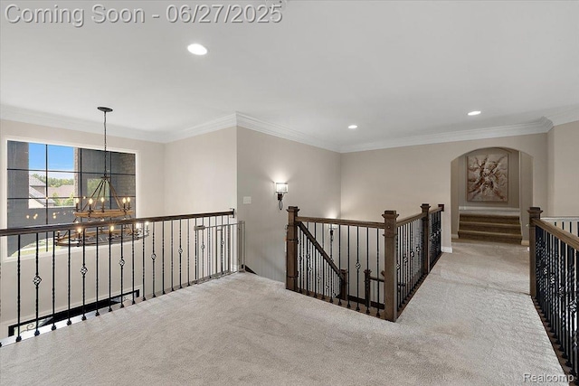 3610 Piccadilly Dr, Rochester Hills, MI 48309 - corridor featuring a chandelier, an upstairs landing, carpet flooring, recessed lighting, and ornamental molding