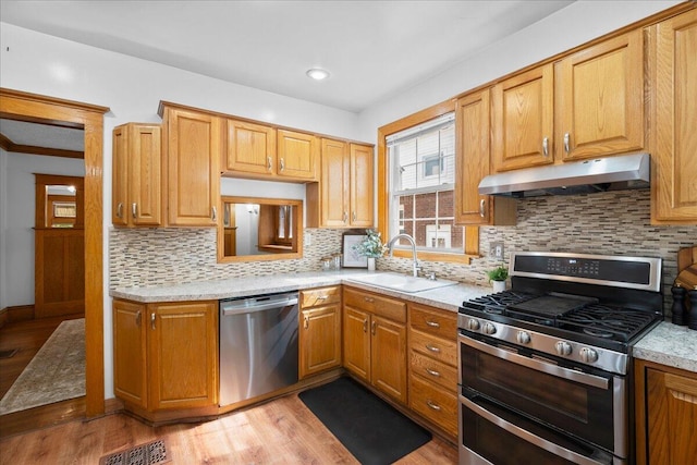 1122 Martin Luther King Jr St SE, Grand Rapids, MI 49507 - kitchen with appliances with stainless steel finishes, under cabinet range hood, a sink, and light wood-type flooring