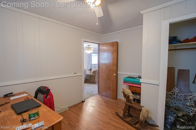 525 E Saint Clair St, Almont, MI 48003 - office space with a ceiling fan, wood finished floors, a textured ceiling, and ornamental molding