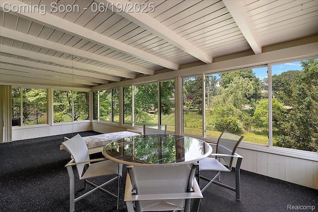 2732 Lone Pine Rd, West Bloomfield, MI 48323 - sunroom / solarium with outdoor dining space, beamed ceiling, and view of wooded area