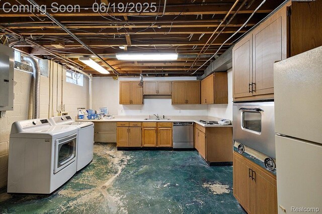 2732 Lone Pine Rd, West Bloomfield, MI 48323 - basement with separate washer and dryer, freestanding refrigerator, electric panel, and concrete block wall