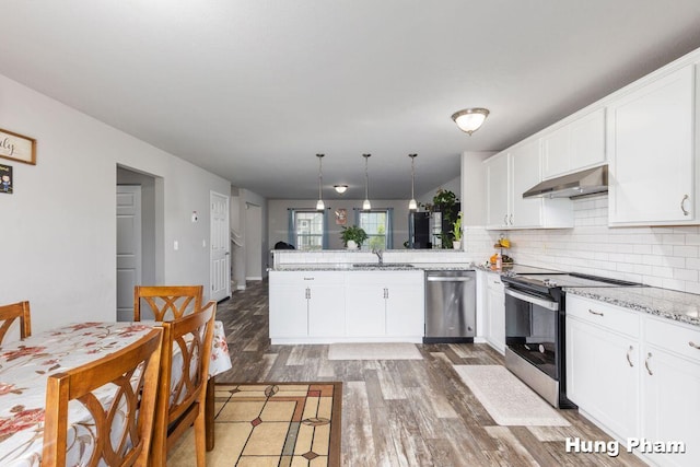 5764 Kiverton Ridge Dr SE, Grand Rapids, MI 49508 - kitchen featuring stainless steel appliances, a peninsula, under cabinet range hood, white cabinets, and tasteful backsplash