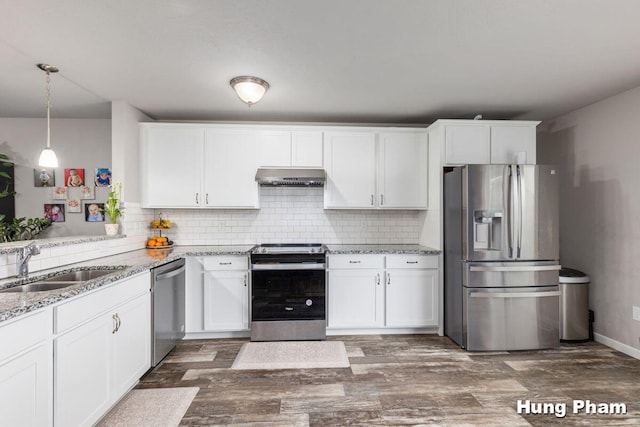 5764 Kiverton Ridge Dr SE, Grand Rapids, MI 49508 - kitchen featuring stainless steel appliances, extractor fan, tasteful backsplash, white cabinetry, and dark wood finished floors