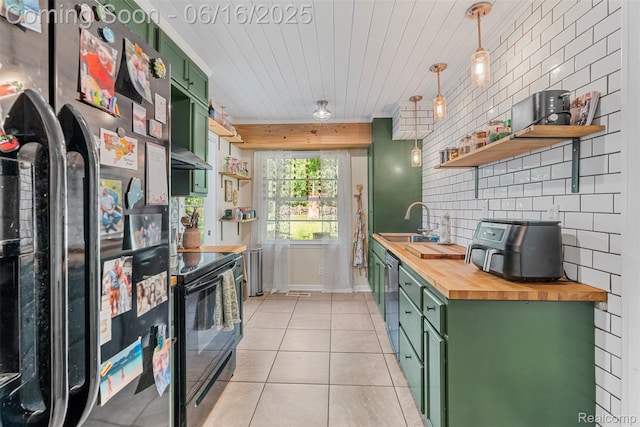 23385 Hunters Ln, Southfield, MI 48033 - kitchen featuring green cabinetry, butcher block counters, open shelves, and black electric range