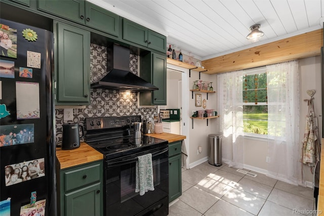 23385 Hunters Ln, Southfield, MI 48033 - kitchen with green cabinetry, black appliances, wall chimney exhaust hood, butcher block counters, and wooden ceiling