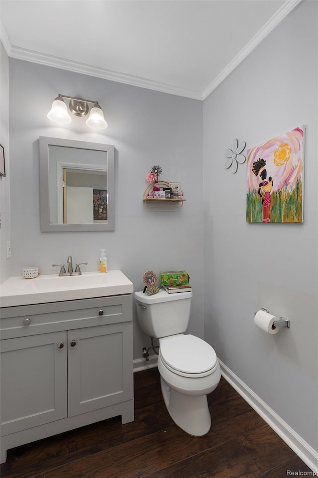 23385 Hunters Ln, Southfield, MI 48033 - half bath with ornamental molding, vanity, and wood finished floors