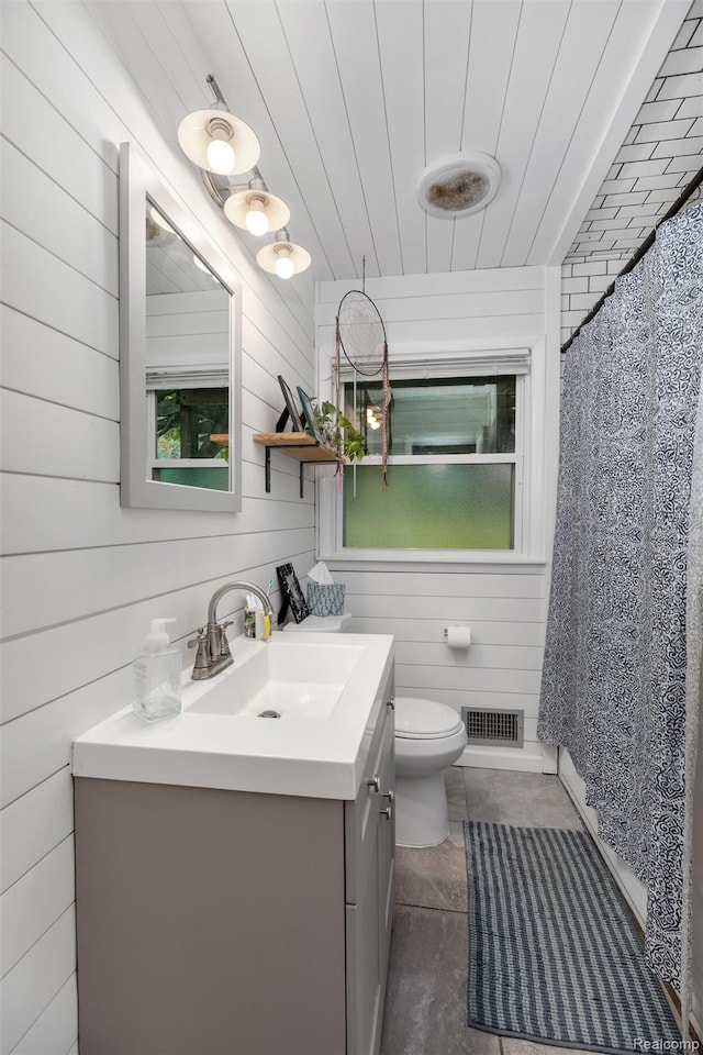 23385 Hunters Ln, Southfield, MI 48033 - bathroom featuring vanity, wood walls, wood ceiling, and a shower with shower curtain
