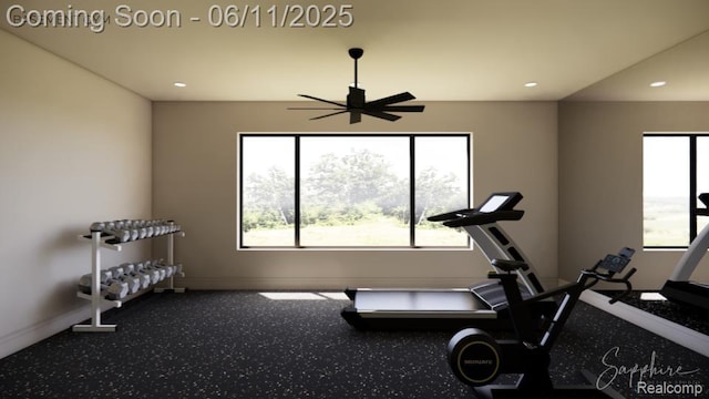 1573 Chesterfield Rnch, Bloomfield Hills, MI 48009 - exercise room with baseboards, recessed lighting, and ceiling fan