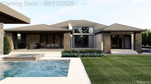 1573 Chesterfield Rnch, Bloomfield Hills, MI 48009 - back of property featuring stone siding, an in-ground hot tub, a lawn, a patio, and an outdoor pool