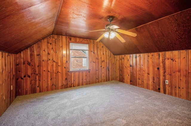 16086 Carlisle St, Detroit, MI 48205 - additional living space featuring wood walls, carpet, lofted ceiling, ceiling fan, and wooden ceiling