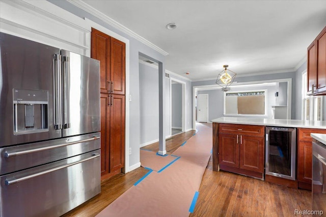 16558 Indiana St, Detroit, MI 48221 - kitchen with stainless steel fridge, wine cooler, crown molding, light countertops, and wood finished floors