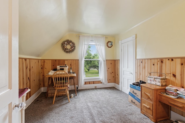 1704 Pringle Ave, Jackson, MI 49203 - office with wainscoting, wooden walls, vaulted ceiling, and carpet flooring