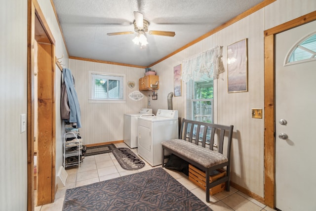 1704 Pringle Ave, Jackson, MI 49203 - washroom with cabinet space, washer and dryer, a ceiling fan, light tile patterned floors, and ornamental molding