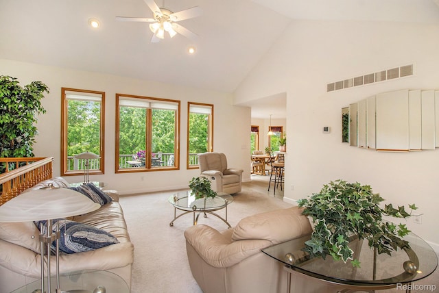 6443 Baldwin Rd, Swartz Creek, MI 48473 - living area featuring a ceiling fan, carpet, high vaulted ceiling, and recessed lighting