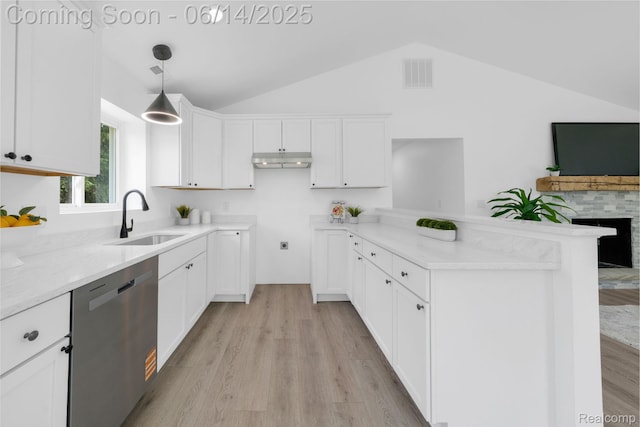 2694 Vendome Ave, Rochester Hills, MI 48309 - kitchen with dishwasher, a peninsula, vaulted ceiling, light wood-type flooring, and white cabinetry