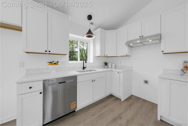 2694 Vendome Ave, Rochester Hills, MI 48309 - kitchen featuring dishwasher, under cabinet range hood, light wood-type flooring, light countertops, and white cabinets