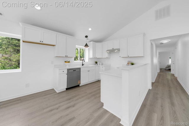 2694 Vendome Ave, Rochester Hills, MI 48309 - kitchen with stainless steel dishwasher, under cabinet range hood, white cabinets, and high vaulted ceiling
