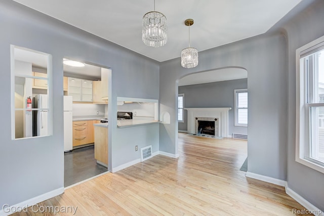 263 E Woodland St, Ferndale, MI 48220 - unfurnished dining area featuring arched walkways, light wood-type flooring, a chandelier, and a fireplace