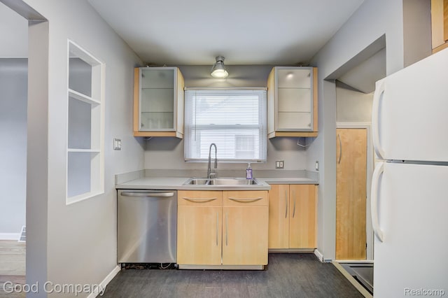 263 E Woodland St, Ferndale, MI 48220 - kitchen with freestanding refrigerator, dishwasher, light brown cabinetry, and light countertops