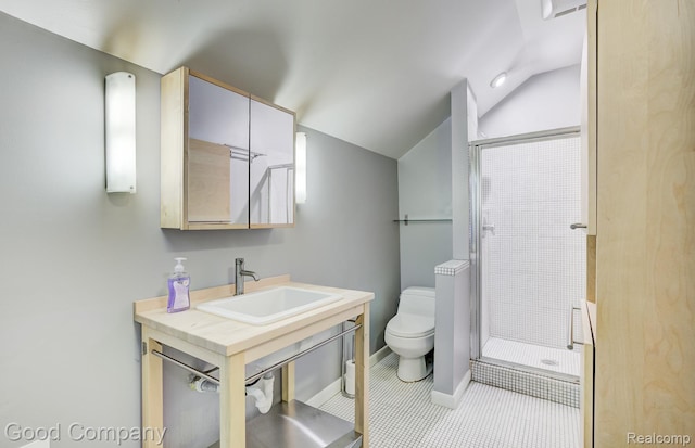 263 E Woodland St, Ferndale, MI 48220 - full bath with a shower stall, lofted ceiling, vanity, and tile patterned floors