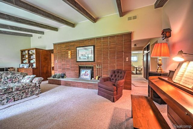 23880 Glencreek Dr, Farmington Hills, MI 48336 - carpeted living room featuring a brick fireplace and beamed ceiling