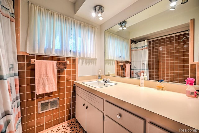 23880 Glencreek Dr, Farmington Hills, MI 48336 - full bathroom featuring vanity, a shower with shower curtain, and tile walls