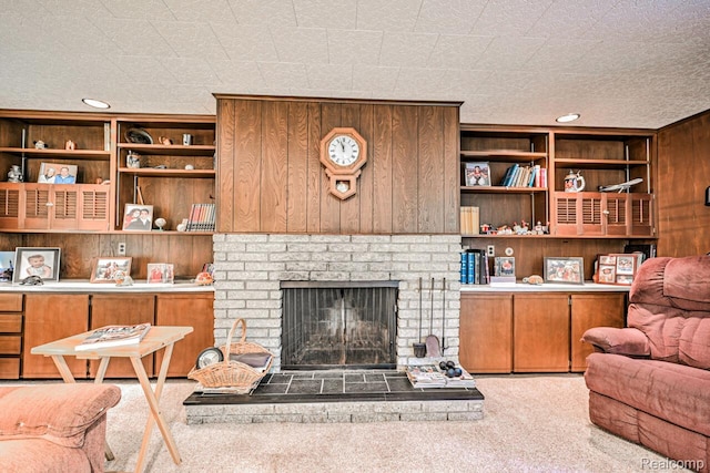 23880 Glencreek Dr, Farmington Hills, MI 48336 - carpeted living room featuring a fireplace and wooden walls