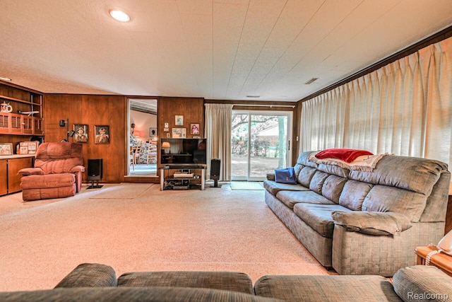23880 Glencreek Dr, Farmington Hills, MI 48336 - living room featuring carpet floors and wood walls