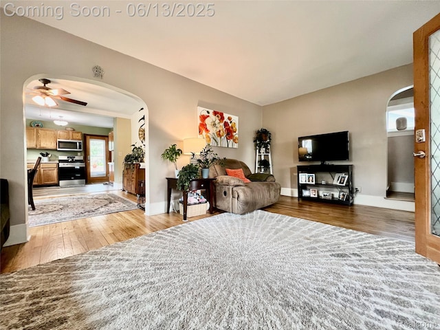 1323 16th St, Port Huron, MI 48060 - living area featuring wood finished floors, ceiling fan, baseboards, and arched walkways