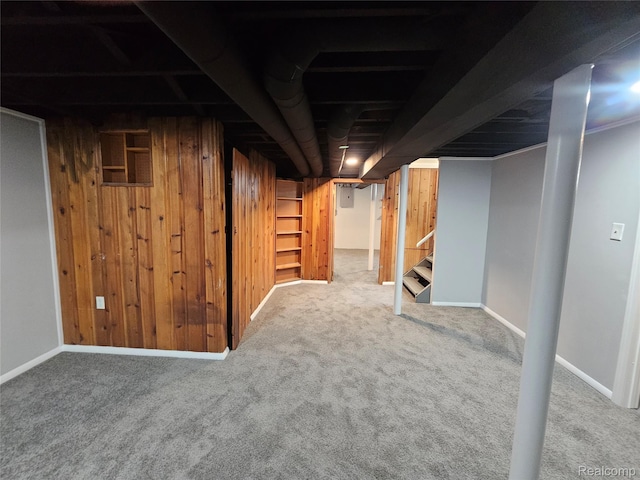 9311 Dixie, Redford, MI 48239 - finished below grade area with carpet floors, stairs, and wooden walls