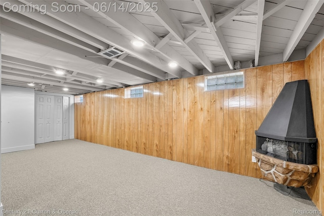 3156 Edgewood St, Dearborn, MI 48124 - below grade area featuring carpet flooring, wooden walls, and a wood stove